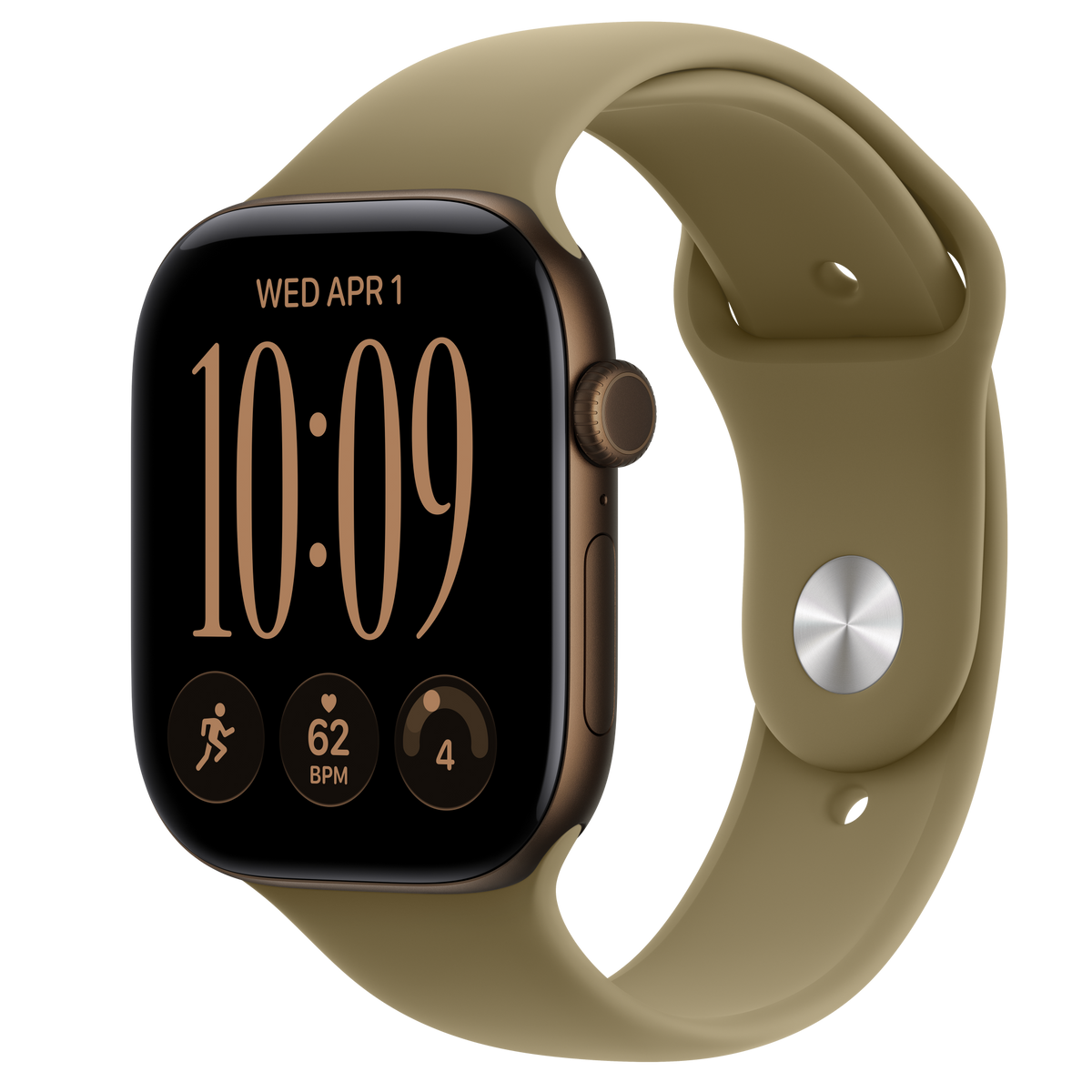 Apple Watch Series 12 GPS 46 mm alumínio bronze escuro com bracelete desportiva verde-azeitona